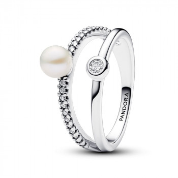 Treated Freshwater Cultured Pearl & Pavé Double Band Ring 