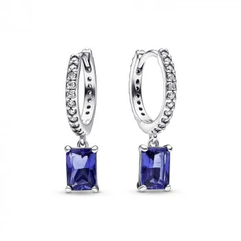 Sterling silver hoop earrings with princess blue crystal and clear cubic zirconia 