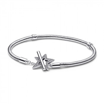 Snake chain sterling silver star toggle bracelet with clear cubic zirconia 