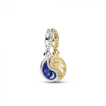 Yin and Yang sterling silver and 14k gold-plated splittable dangle with clear cubic zirconia and glittering shaded blue enamel 