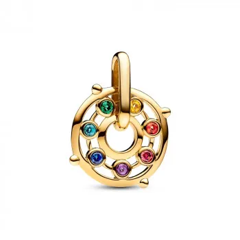 Chakra wheel 14k gold-plated medallion with red cubic zirconia, royal green, sunrise yellow, icy green, stellar blue, royal purple and burnt 
