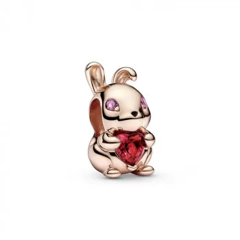 Rabbit 14k rose gold-plated charm with cherries jubilee red, phlox pink crystal and black enamel 