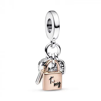 Padlock, key and heart sterling silver and 14k rose gold-plated dangle with clear cubic zirconia and black enamel 