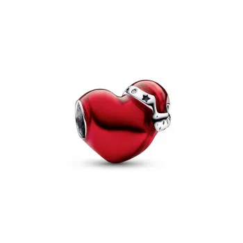 Christmas heart sterling silver charm with clear cubic zirconia and transparent red enamel 