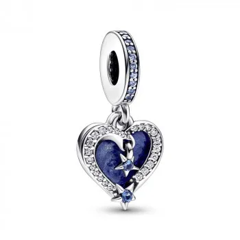Shooting stars heart sterling silver double dangle with moonlight blue crystal, clear cubic zirconia and shimmering light blue enamel 