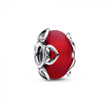 Heart sterling silver charm with frosted red Murano glass and 24k gold foil 