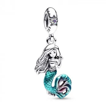 Disney The Little Mermaid Ariel sterling silver dangle with auro borealis clear cubic zirconia, transparent teal and cerise enamel 