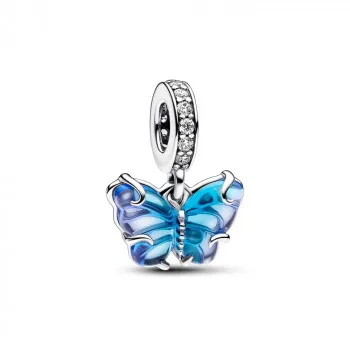 Butterfly sterling silver dangle with bi-colour blue Murano glass and clear cubic zirconia 