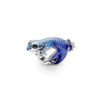 Gecko sterling silver charm with black crystal and shaded transparent metallic light to dark blue enamel 