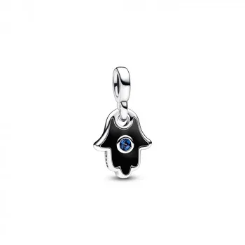 Hamsa hand sterling silver mini dangle with stellar blue crystal and black enamel 