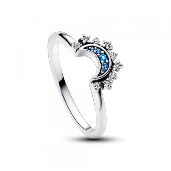 Celestial moon sterling silver ring with night blue crystal and clear cubic zirconia 