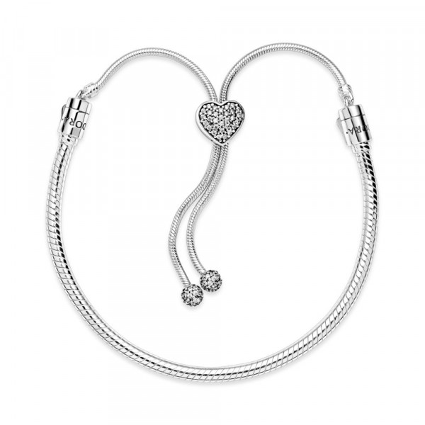 Pandora Moments Pavé Heart Clasp Snake Chain Slider Bracelet 