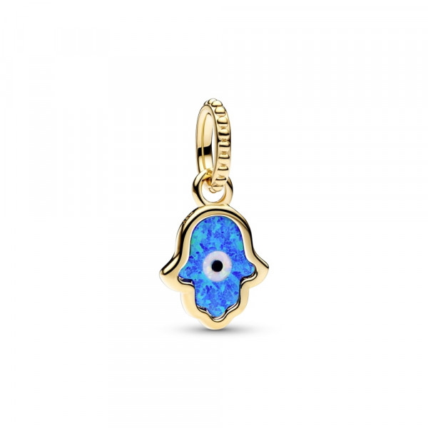 Hamsa hand 14k gold-plated dangle with deep blue and white lab-created opal and black man-made composite 