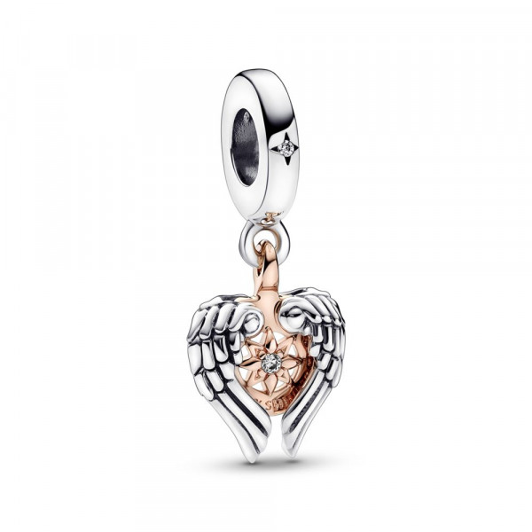 Angle wings and compass sterling silver and 14k rose gold-plated dangle with clear cubic zirconia 