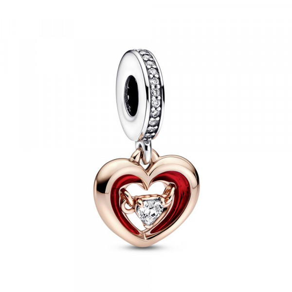 Open heart sterling silver and 14k rose gold-plated dangle with clear cubic zirconia and red enamel 