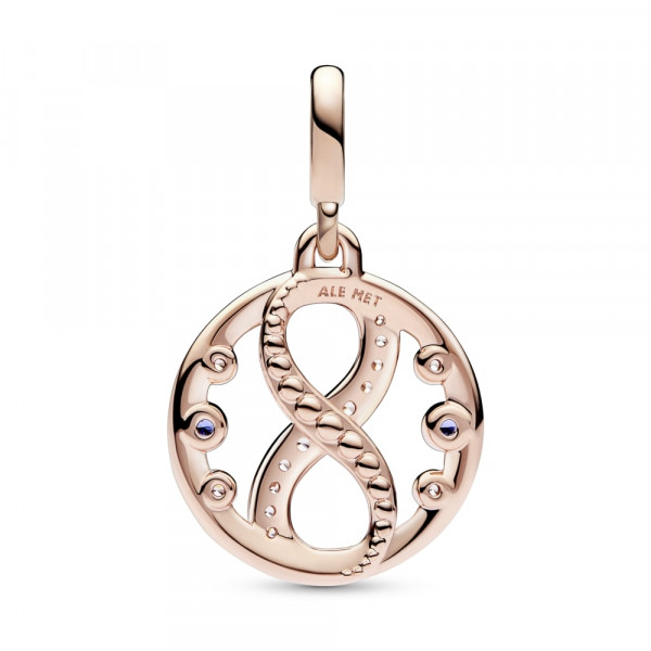 Infinity 14k rose gold-plated medallion with clear cubic zirconia and stellar blue crystal 