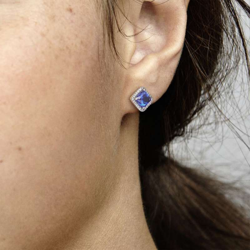 Blue Square Sparkle Halo Stud Earrings 