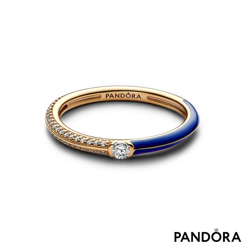 14k gold-plated ring with blue enamel and clear cubic zirconia 