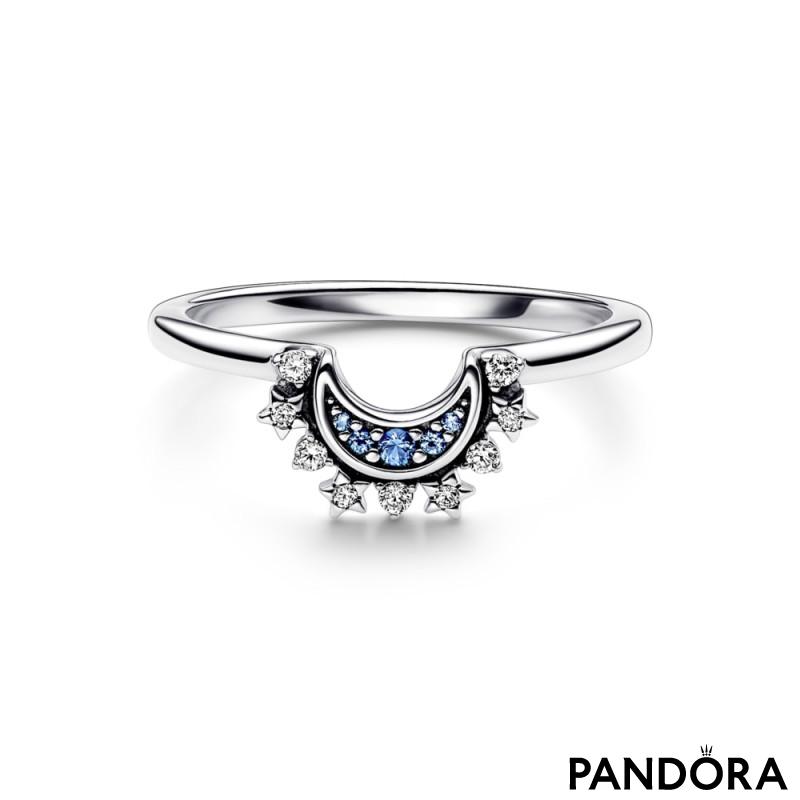 Celestial moon sterling silver ring with night blue crystal and clear cubic zirconia 