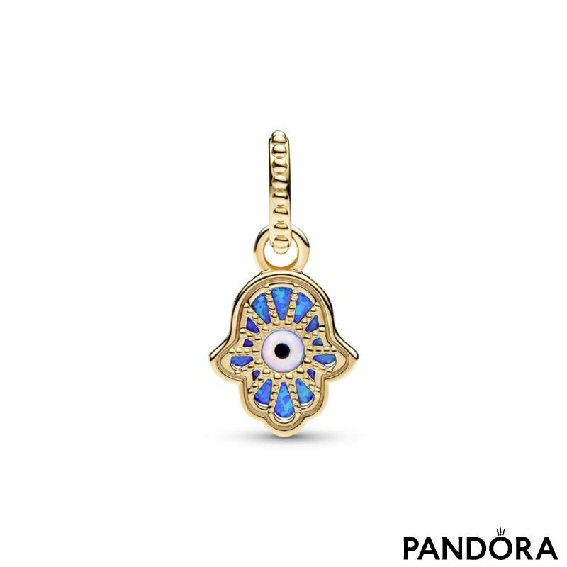 Hamsa hand 14k gold-plated dangle with deep blue and white lab-created opal and black man-made composite 