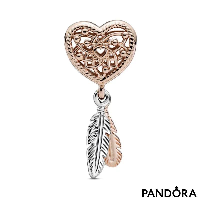 Openwork Heart & Two Feathers Dreamcatcher Charm 