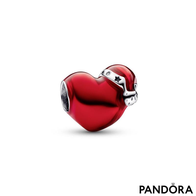 Christmas heart sterling silver charm with clear cubic zirconia and transparent red enamel 