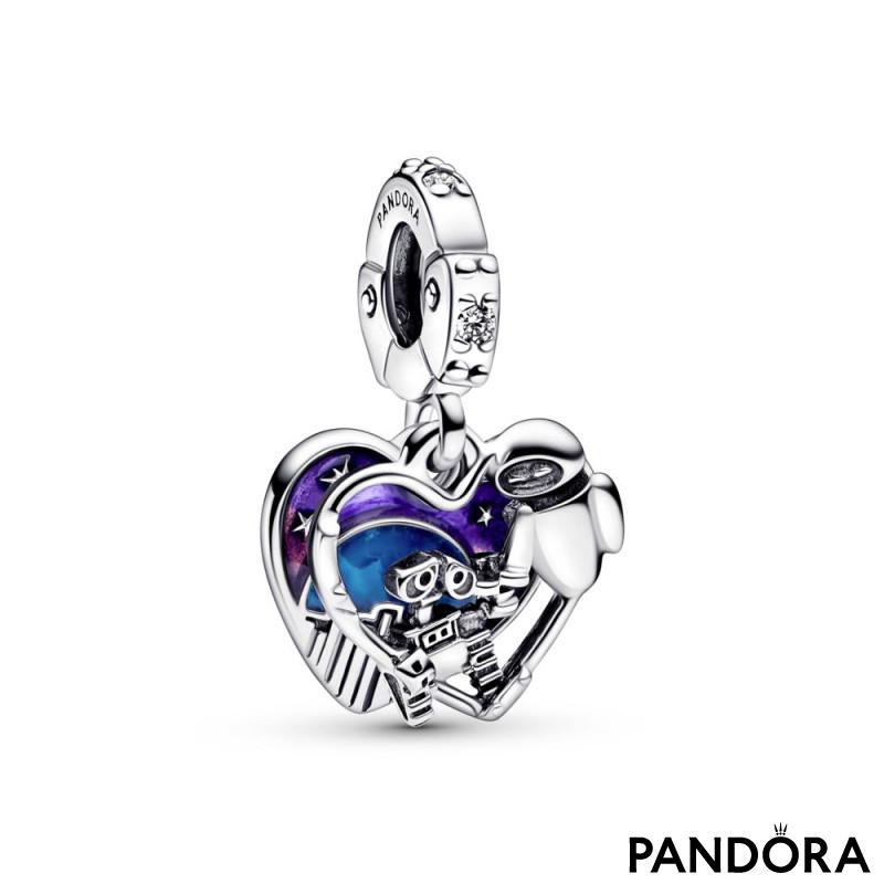 Disney Wall-E and Eve heart sterling silver double dangle with clear cubic zirconia, shaded purple to pink and blue glow in the dark enamel 
