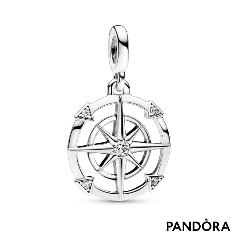 Compass sterling silver medallion with clear cubic zirconia 