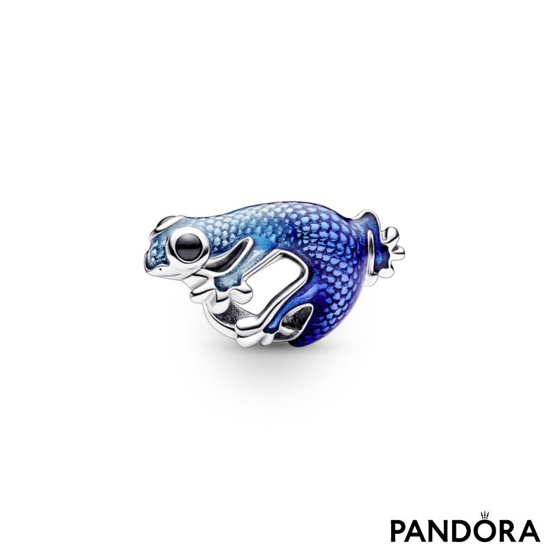 Gecko sterling silver charm with black crystal and shaded transparent metallic light to dark blue enamel 